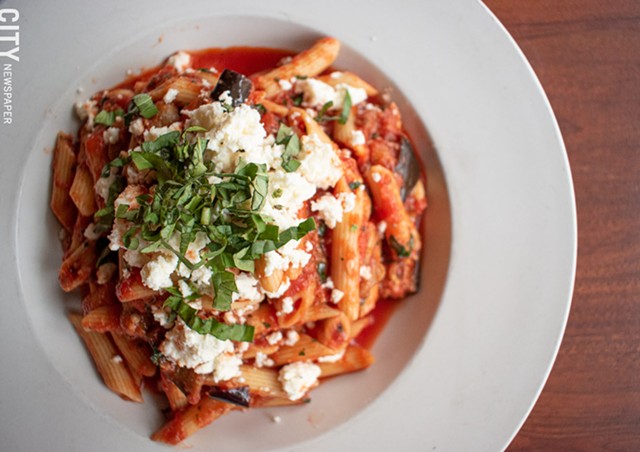 On the new fall menu at Veneto: Penne alla Norma, featuring pasta in tomato sauce with fried eggplant. - PHOTO BY JACOB WALSH