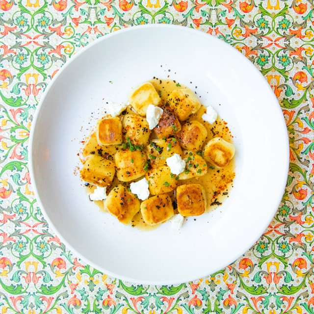 Ophira's gnocchi is maakroun, a Lebanese version of the Italian pasta cooked in a toum (garlic sauce). - PHOTO BY WILL CORNFIELD