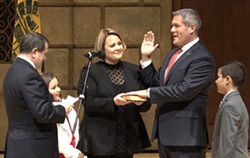 County Executive Adam Bello took the oath of office on Saturday, January 4. His election as county exec left the county clerk seat vacant and a potential Democratic primary is developing around the opening. - PHOTO BY MAX SCHULTE