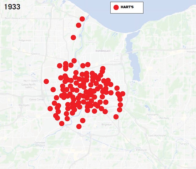 Hart's once dominated Rochester's grocery scene, with 121 locations across the city during the Great Depression. - MAP DATA FROM "THE DEGRADATION OF THE FOOD RETAIL LANDSCAPE," GRUBER, 2017