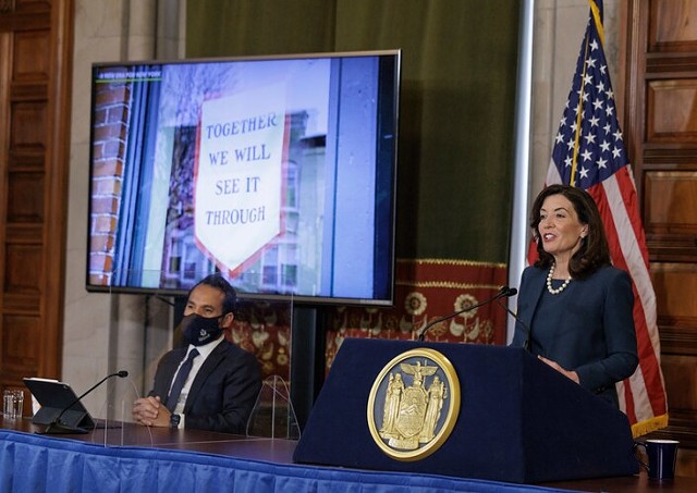 New York Gov. Kathy Hochul, along with state budget director Robert Mujica, outlines her budget proposal on Jan. 18, 2022. - PHOTO BY MIKE GROLL / OFFICE OF GOV. KATHY HOCHUL