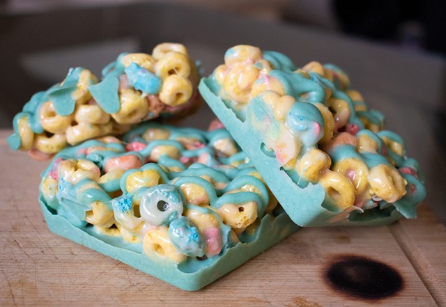 On the menu of infused sweets by Adriana Quinones: Peeps cereal bars made with cannabis-infused butter and marshmallows with a blue-dyed white chocolate drizzle. - PHOTO BY JACOB WALSH
