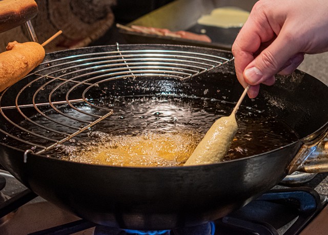 No need for a deep fryer — you can make stovetop corn dogs with a wok or other deep pan. - PHOTO BY JACOB WALSH