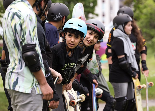 Shabeer, left, and Rahmatullah line up for the walk over to the ROC City Skatepark. - PHOTO BY MAX SCHULTE