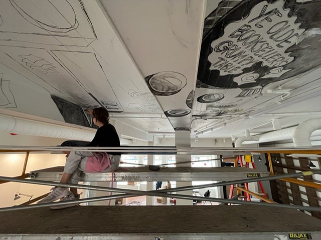 Artist Yerke Abuova's mural of the floor plan of the Hong Kong bookstore adorns the ceiling of Bleak House Books. - PHOTO PROVIDED