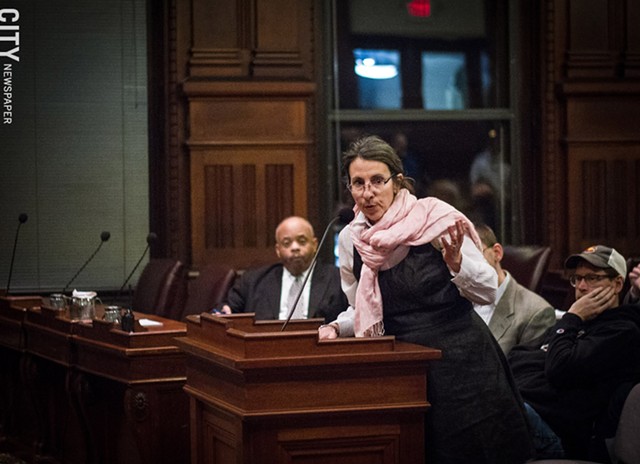 At last week's City Council meeting, Sandra Boehlert was among some 20 speakers urging passage of new Sanctuary City legislation. - PHOTO BY KEVIN FULLER