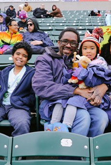The McLarens (L to R: Andrea, Shea, Donald, Stella, and Sophie) had sunny smiles despite the gloomy, wet weather at the Red Wings season opener against the Lehigh-Valley IronPigs.