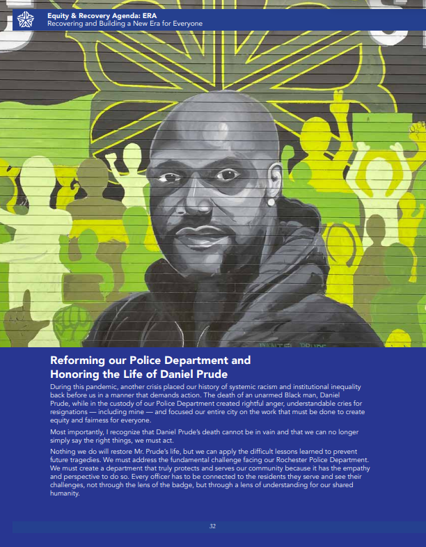 Arts advocates say this page from Mayor Lovely Warren's "Equity and Recovery Agenda" booklet misrepresents the mural of Daniel Prude by R(evolutionary) Beats artists Estee Cheng and Nikko Quiñones, and Project AIR collaborators Jessica Cheng and Alexa Guzman. - PHOTO PROVIDED BY CITY OF ROCHESTER